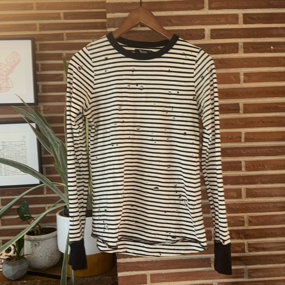 Michael Lauren Black and White Striped Long Sleeve Tee